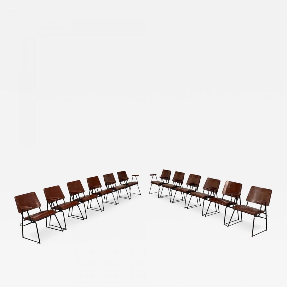 Studio BBPR, Lacquered Iron, Wood, Twelve Armchairs, Italy, 1960s: Title: Studio BBPR, Lacquered Iron, Wood, Twelve Armchairs, Italy, 1960s Description: Studio BBPR, Italian Mid-Century Modern, Wood, Iron, Twelve Interlocking Armchairs, Italy, 1960s Set of twelve lac