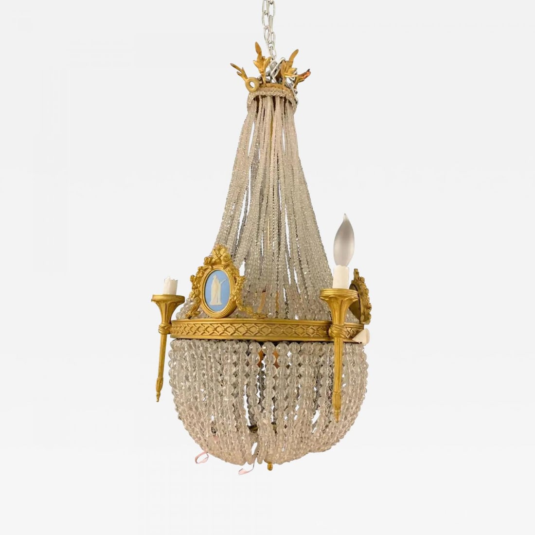 19th Century Dore Bronze Chandelier, Louis XVI, Wedgewood Plaques: Title: 19th Century Dore Bronze Chandelier, Louis XVI, Wedgewood Plaques Description: A 19th century gilt bronze chandelier in the Louis XVI Fashion have wedgewood plaques framed in bronze, The whole