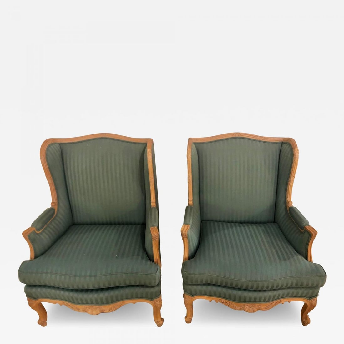 Pair of Louis XV Style Lounge or Wing Chairs, Carved, Large: Title: Pair of Louis XV Style Lounge or Wing Chairs, Carved, Large Description: Pair of Louis XV Style Lounge or Wing Chairs, Carved, Large This pair of finely carved solid wooden Lounge Chairs would