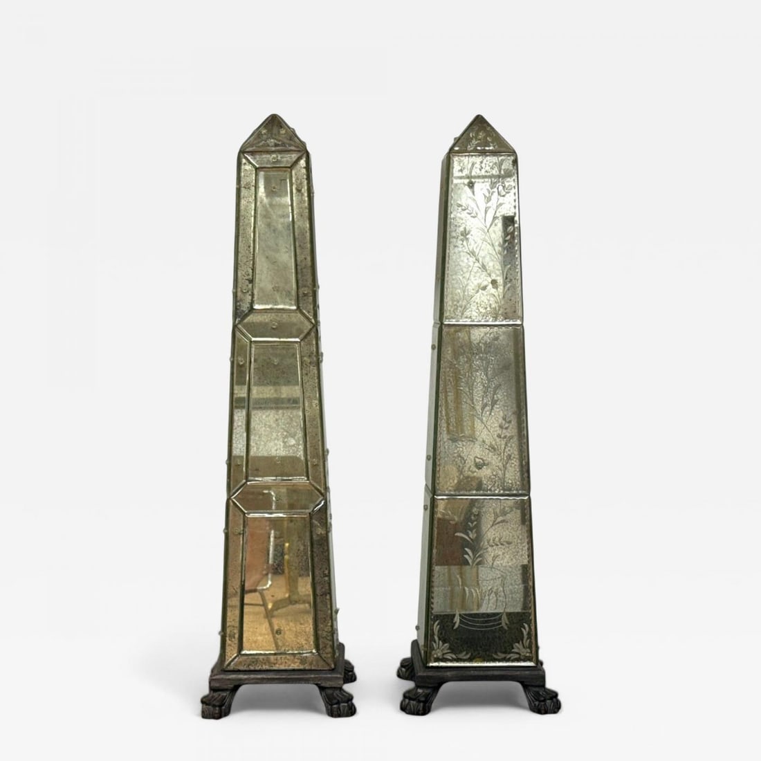 Venetian, Etched Glass Panels, Distressed Mirror, Obelisks, 20th C.: Title: Venetian, Etched Glass Panels, Distressed Mirror, Obelisks, 20th C. Description: Venetian, Etched Glass Panels, Distressed Mirror, Obelisks, 20th C. A pair of venetian mirrored obelisks designe