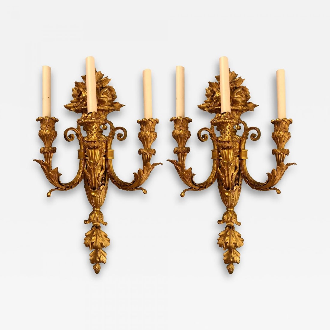 Pair of Three-Arm Bronze Wall Sconces French Louis XVI Style Bronze Dore (1 of 13)