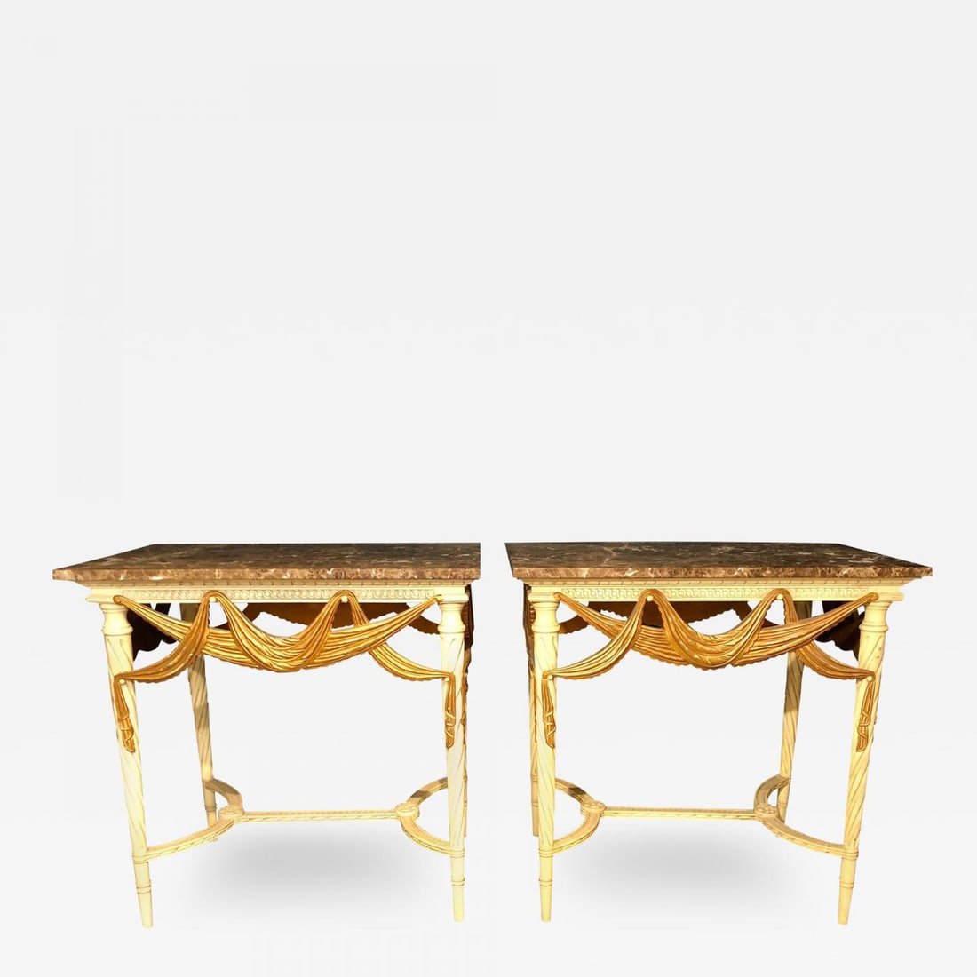 Pair of Dorothy Draper Console Sofa or End Tables, Parcel Gilt: Title: Pair of Dorothy Draper Console Sofa or End Tables, Parcel Gilt Description: Pair of Dorothy Draper console, sofa or end tables. Each of these fabulous Hollywood Regency Tables are parcel-gilt a