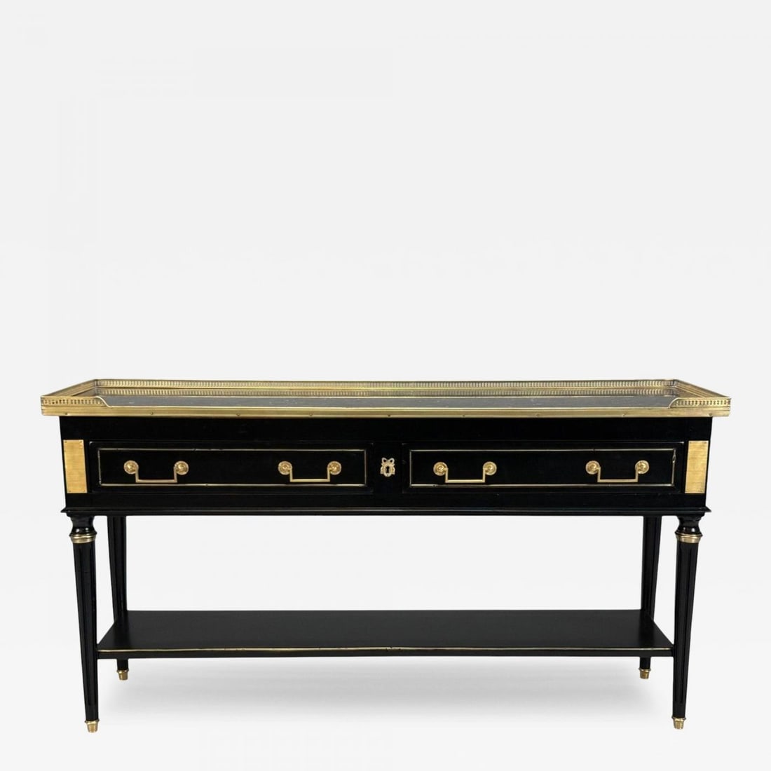 Louis XVI, Hollywood Regency, Bronze, Marble, Ebonized Console, France, 1930s: Title: Louis XVI, Hollywood Regency, Bronze, Marble, Ebonized Console, France, 1930s Description: Louis XVI, Hollywood Regency, Mahogany, Bronze, Marble, Ebonized Console, France, 1930s A Hollywood Re