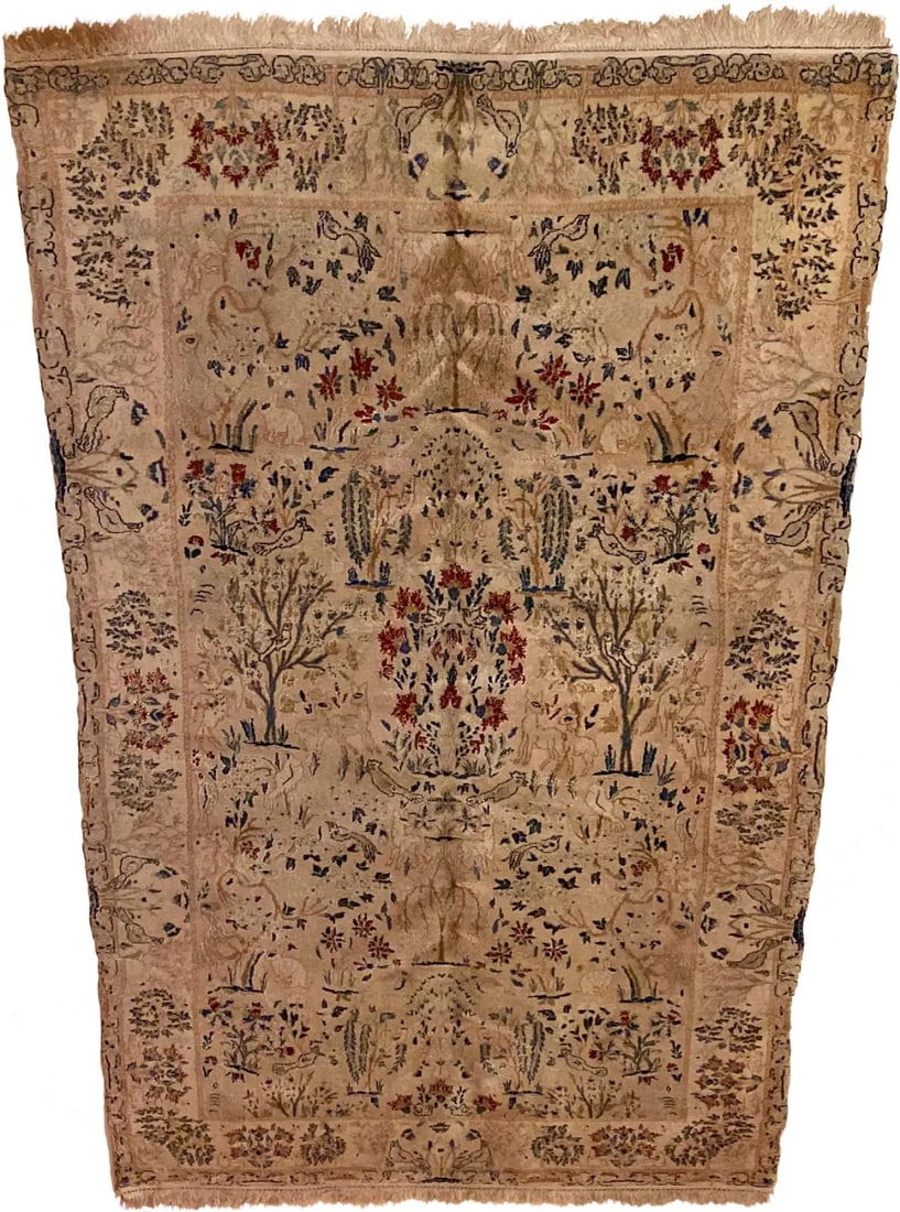 1970s Pakistani Wool Handwoven Carpet: Title: 1970s Pakistani Wool Handwoven Carpet Description: A 1970s Pakistani wool handwoven carpet having a very tightly woven loom with birds, rabbits, trees and deer in a forest. A fine example of an