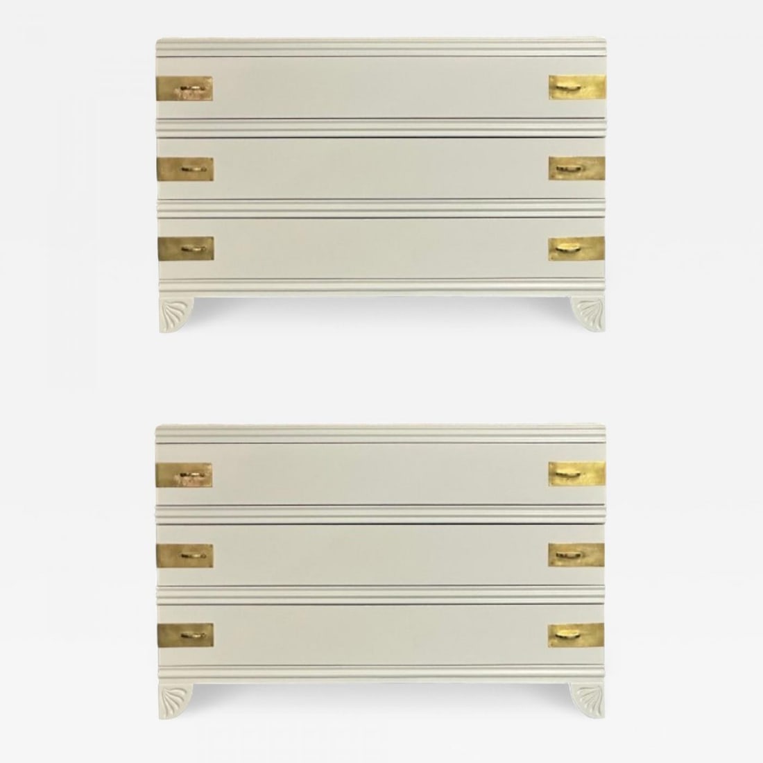 Tommi Parzinger Style, Mid-Century Modern, Cabinets, White Paint, Bronze: Title: Tommi Parzinger Style, Mid-Century Modern, Cabinets, White Paint, Bronze Description: Tommi Parzinger Style, Mid-Century Modern, Cabinets or Nightstands, Black Lacquer, Bronze Pair of dove whit