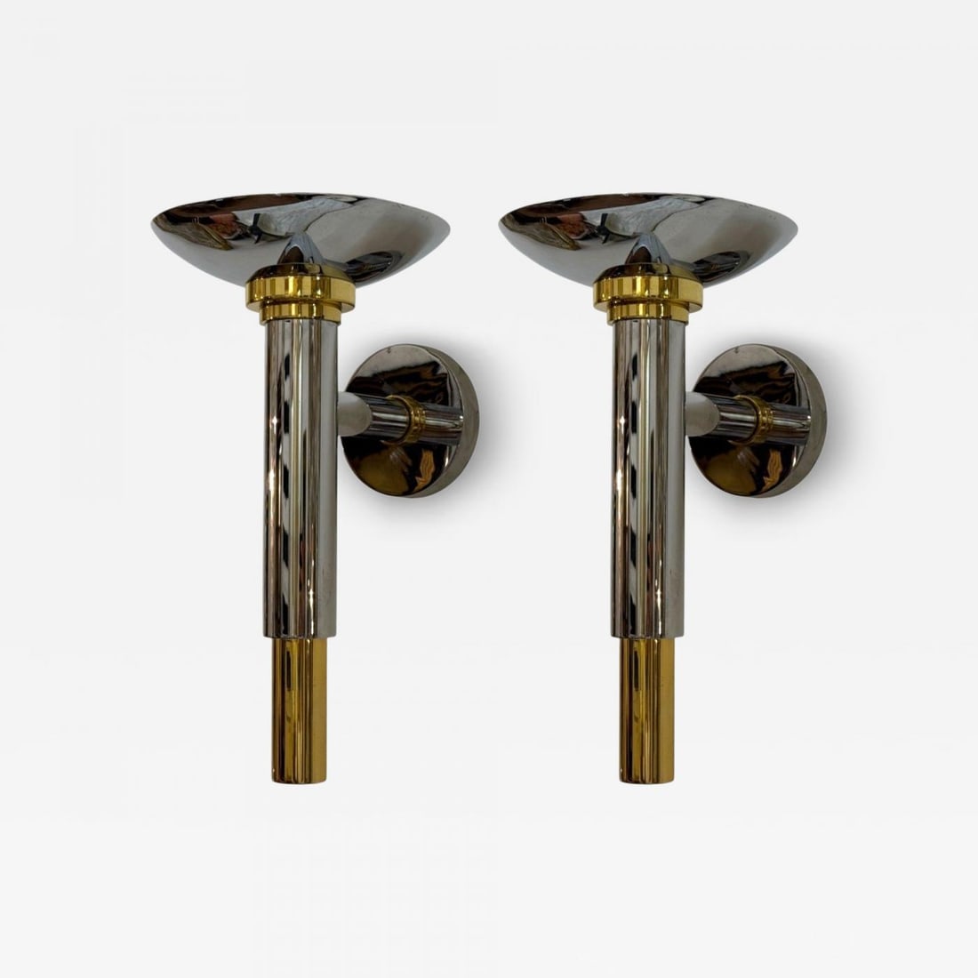 Karl Springer Style, Chrome, Brass, Large Wall Lights, USA, 1960s: Title: Karl Springer Style, Chrome, Brass, Large Wall Lights, USA, 1960s Description: Karl Springer Style, American Mid-Century Modern, Chrome, Brass, Large Wall Lights or Sconces, USA, 1960s Pair of