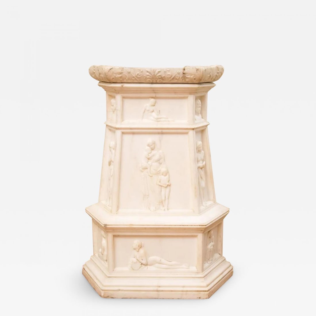 19th Century Italian Carrara Marble Pedestal, Neoclassical Carvings, Figural: Title: 19th Century Italian Carrara Marble Pedestal, Neoclassical Carvings, Figural Description: 19th Century Italian Carrara Marble Pedestal, Neoclassical Carvings, A highly Unusual carved white marb