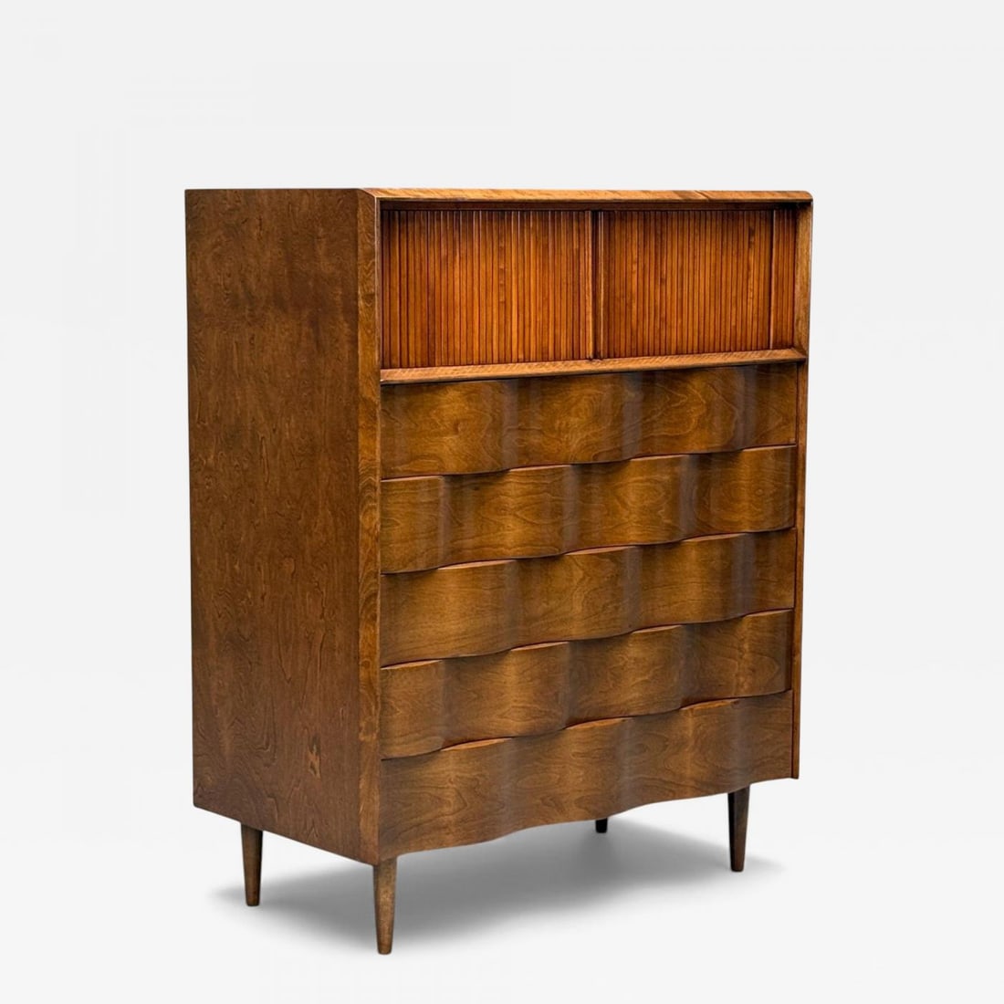 Edmund J Spence, Swedish Modern, Maple, Wave Highboy, Sweden, 1950s: Title: Edmund J Spence, Swedish Modern, Maple, Wave Highboy, Sweden, 1950s Description: Edmond J Spence, Swedish Mid-Century Modern, "Wave" Highboy, Maple, Sweden, 1950s Swedish modern highboy dresser
