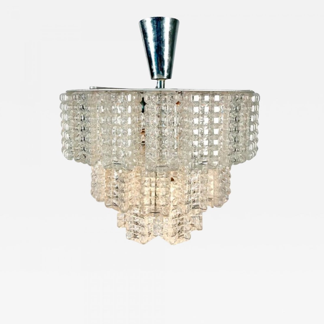 Small Austrian Mid-Century Modern Chandelier / Pendant by Kalmar, Three-Tier: Title: Small Austrian Mid-Century Modern Chandelier / Pendant by Kalmar, Three-Tier Description: Small Austrian Mid-Century Modern Chandelier / Pendant by Kalmar, Three-Tier Three-tier block glass sma