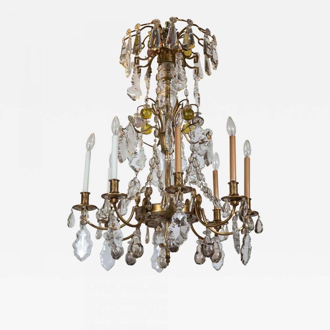 A Finely Cast Bronze and Crystal Eight Arm Chandelier: Title: A Finely Cast Bronze and Crystal Eight Arm Chandelier Description: A finely cast bronze eight-arm chandelier. This late 19th-early 20th century chandelier has a wonderfully cast bronze frame wi
