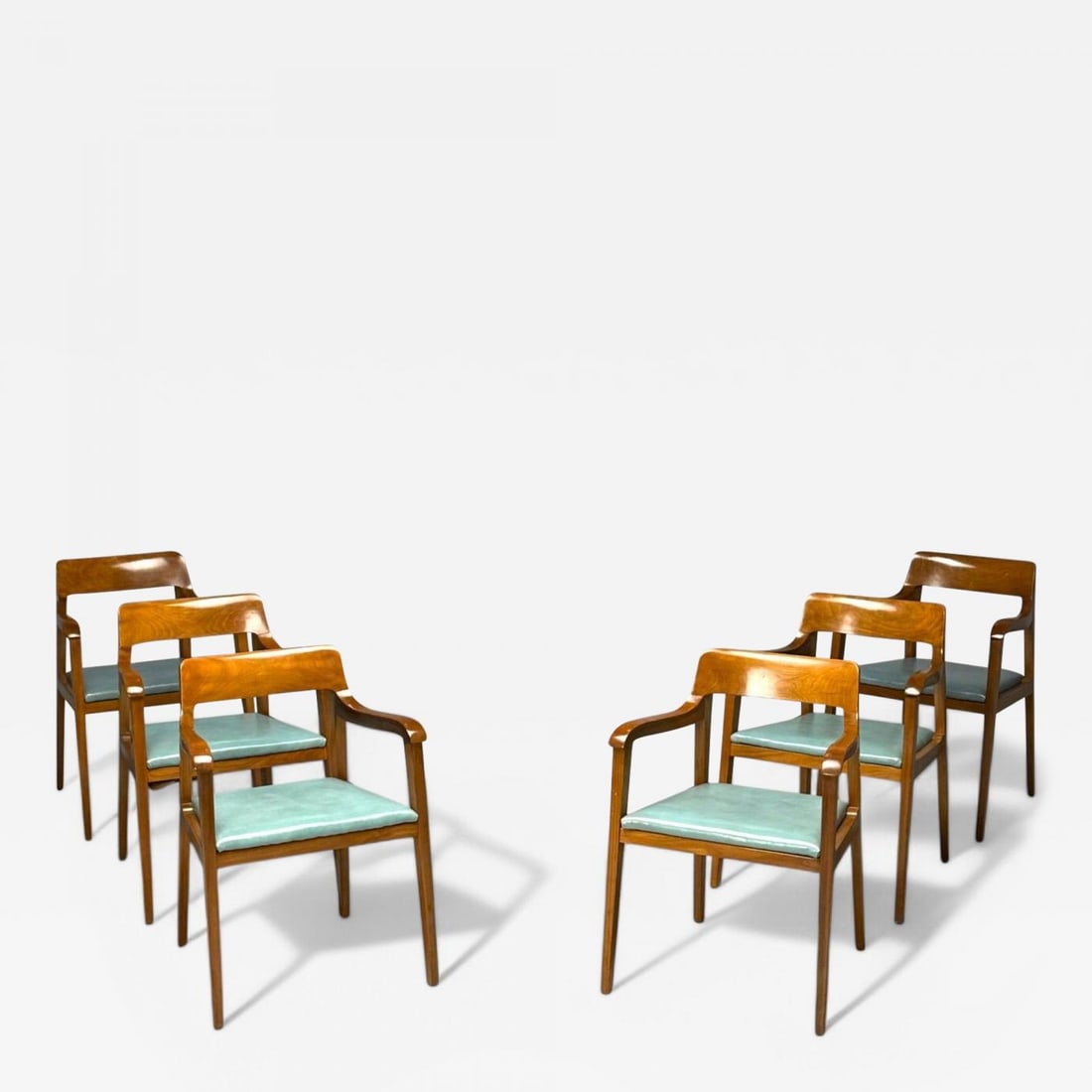 Edward Wormley, Dunbar, Six Riemerschmid Dining Chairs, Walnut, Leather, 1940s: Title: Edward Wormley, Dunbar, Six Riemerschmid Dining Chairs, Walnut, Leather, 1940s Description: Edward Wormley, Dunbar, Set of Six 'Riemerschmid' Dining Chairs, Walnut, Leather 1950s The model 4797