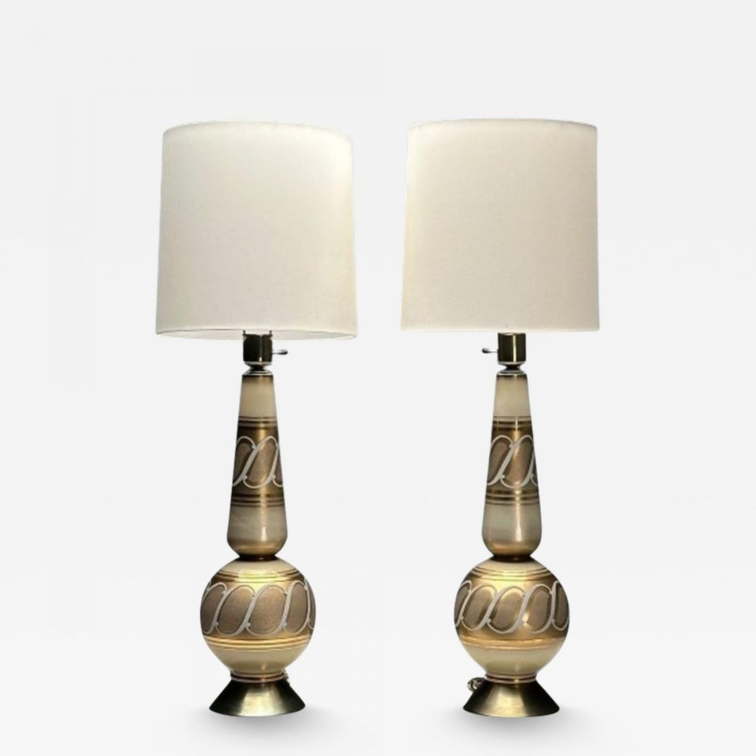 Italian Mid-Century Modern, Large Table Lamps, Gold Glass, Brass, Italy, 1960s: Title: Italian Mid-Century Modern, Large Table Lamps, Gold Glass, Brass, Italy, 1960s Description: Italian Mid-Century Modern, Large Table Lamps, Gold Glass, Brass, Italy, 1960s A pair of large glass