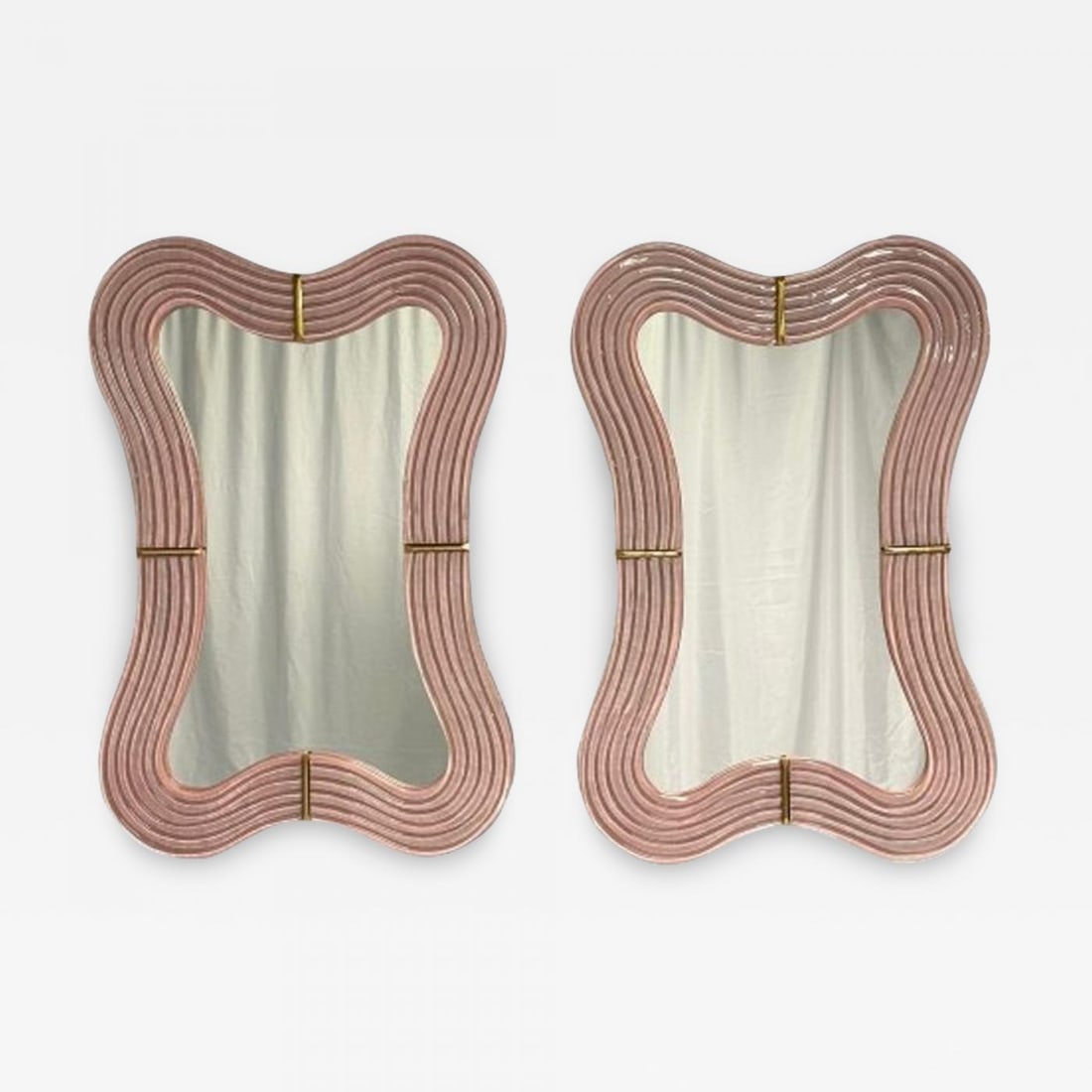Contemporary, Pink Murano Glass, Brass, Modern Wavy Wall Mirrors, Italy, 21st C.: Title: Contemporary, Pink Murano Glass, Brass, Modern Wavy Wall Mirrors, Italy, 21st C. Description: Contemporary, Pink Murano Glass, Brass, Modern 'Wavy' Wall Mirrors, Italy, 21st C. Pair of rectangu