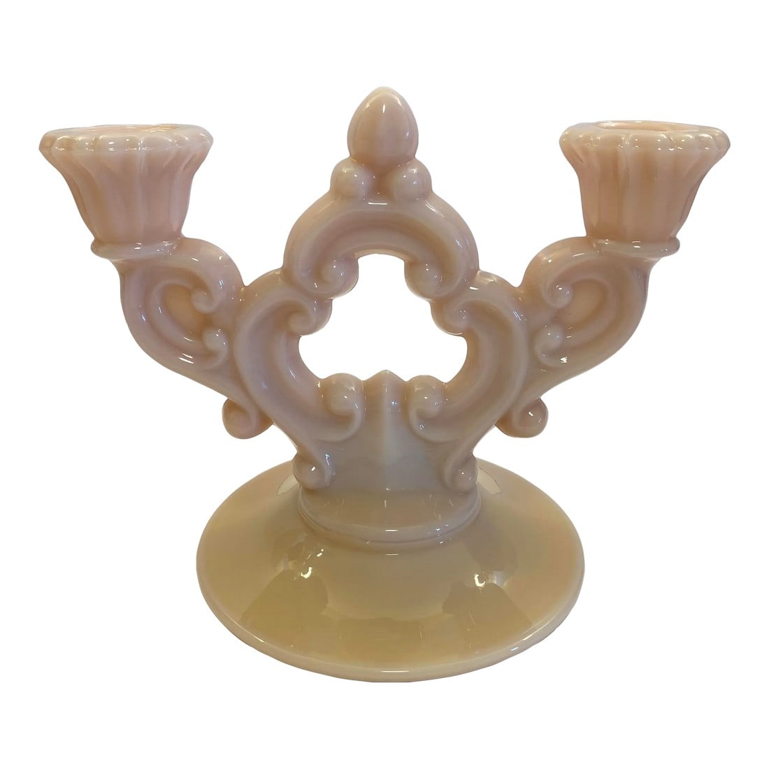 1930s Vintage Cambridge Glass Co. Two-Light Milk Glass Candelabra: There's something about milk glass that's ever so lovely. And make it a soft blushing shade of pink and it's even better. This beautiful 1930s piece from the Cambridge Glass Co. is an excellent remind