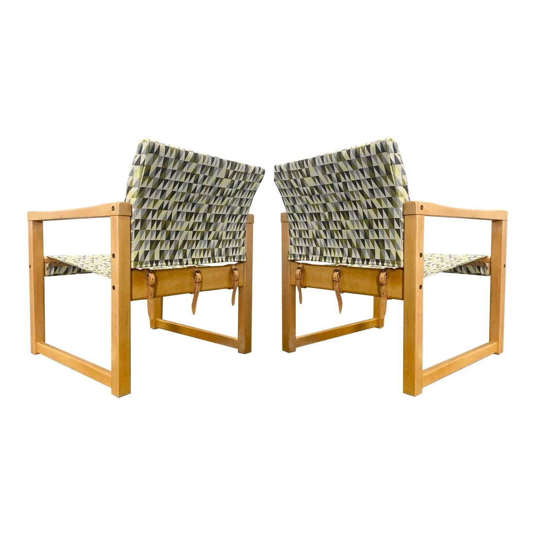 Coastal Minimalist Beech Framed Sling Lounge Chairs, a Pair (Designed by Karen Mobring 1974): Diana armchair pair with beech frames and leather-strapping, designed by Karin Mobring in 1974. Beautiful, Minimalist design with some marks and niks to the frames (lightly sanded and waxed August 202
