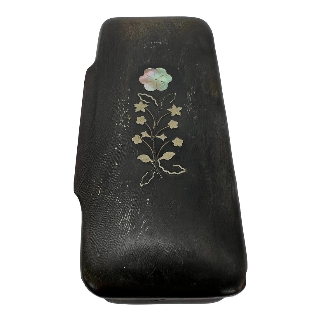 Antique Victorian Era Solid Horn Snuff Box Pique Inlay: Fine antique Victorian era hand carved solid horn snuff box, a wonderful little casket with ornate silver or white metal, mother of pearl & wire pique inlays! This is a nice medium sized one at a hair