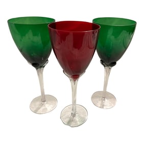 Set of 3 Hand Blown Red & Green Wine/Water Goblets