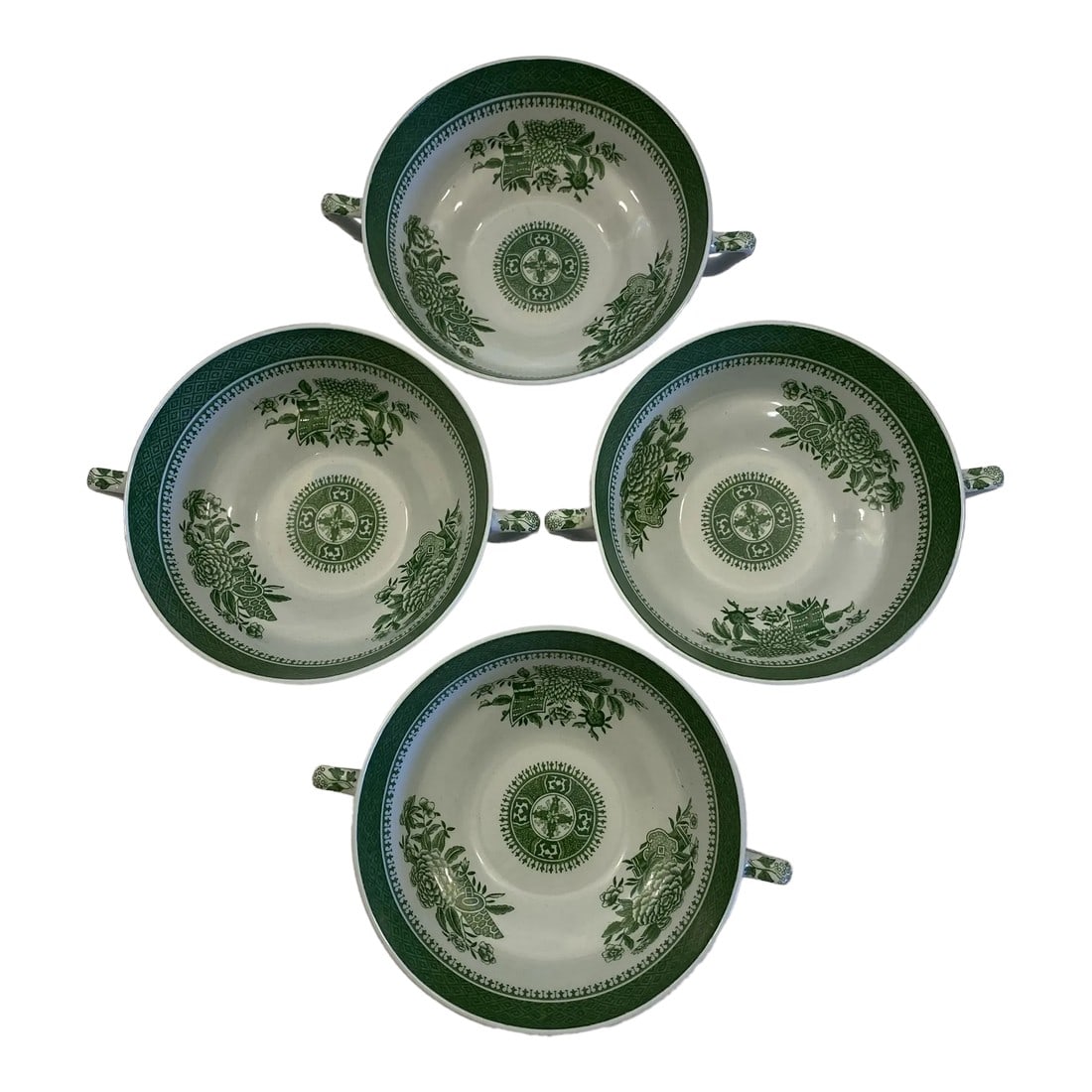1950s Spode Fitzhugh Green Cream Soup Bowls - Set of 4: Fantastic set of four Spode Fitzhugh Green cream soup bowls. This magnificent pattern, which debuted in the 1950s, is an English classic with a creamy white stoneware base, and a range green trim and