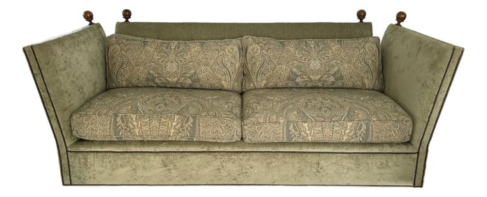2000s Vintage Baker Furniture Co. English Traditional Knole Style Olive Green Velvet Sofa