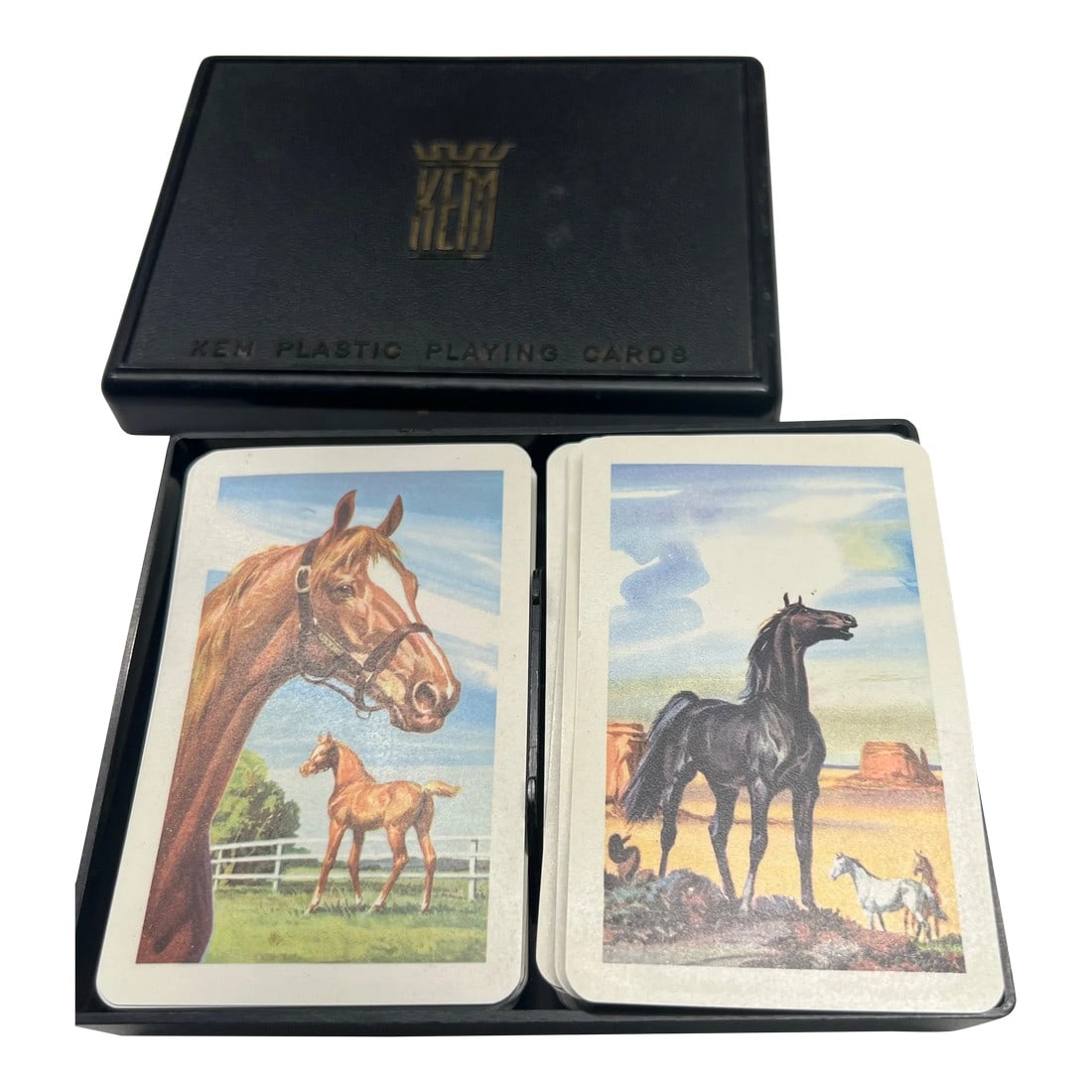 Vintage Kem American Horses Playing Cards in Plastic Case Equestrian Decor: Vintage set of playing cards by KEM. The set includes the ordering card to replace missing or damaged cards. Could you imagine paying 5 cents for handling? Those were the days! The cards include two j