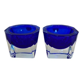 Vintage French Cobalt Blue Crystal Candle Holders - A Pair