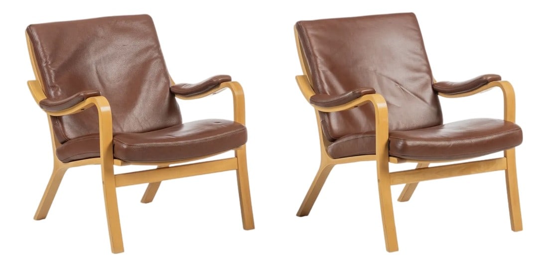 Danish Modern Leather Pair Bentwood Lounge Chairs (After BÃ¸rge Mogensen) (1 of 14)