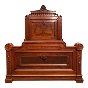 Late Victorian 19th C. George Henkels Attributed Walnut + Burl Bed Frame
