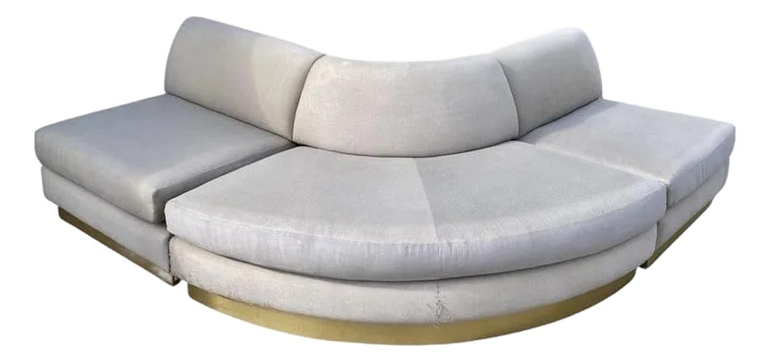Sectional Sofa With Brass Plinth Base: Custom three-piece sectional sofa acquired from a Houston, TX mansion filled with Milo Baughman pieces, from chrome framed dining chairs, coffee tables, a Parsons burl wood dining table and matching c