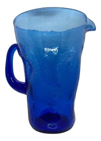 Mid-Century West Virginia Bischoff Glass Company Cobalt Blue Crackle Glass Pitcher