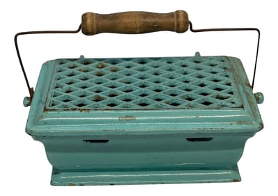 Early 1900s French Cast Iron & Duck Egg Blue Enameled Rectangle Foot Warmer