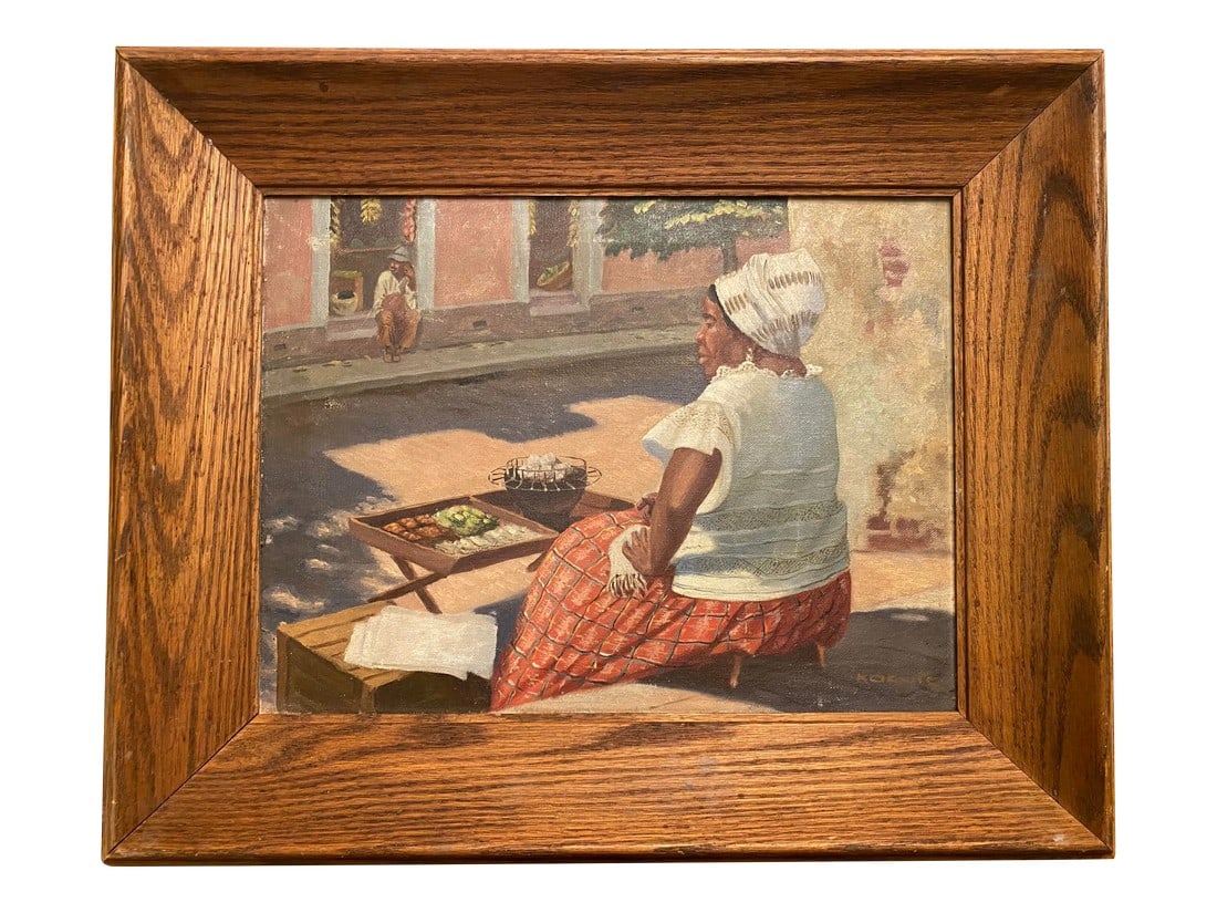 1940s Brazilian Street Scene Oil Painting by Alfredo Koenig, Framed: Based in Rio de Janeiro, Alfredo Koenig was a prolific German-Brazilian genre painter who specialized in cultural scenes that celebrated the life and landscape of Rio and the surrounding area. This at