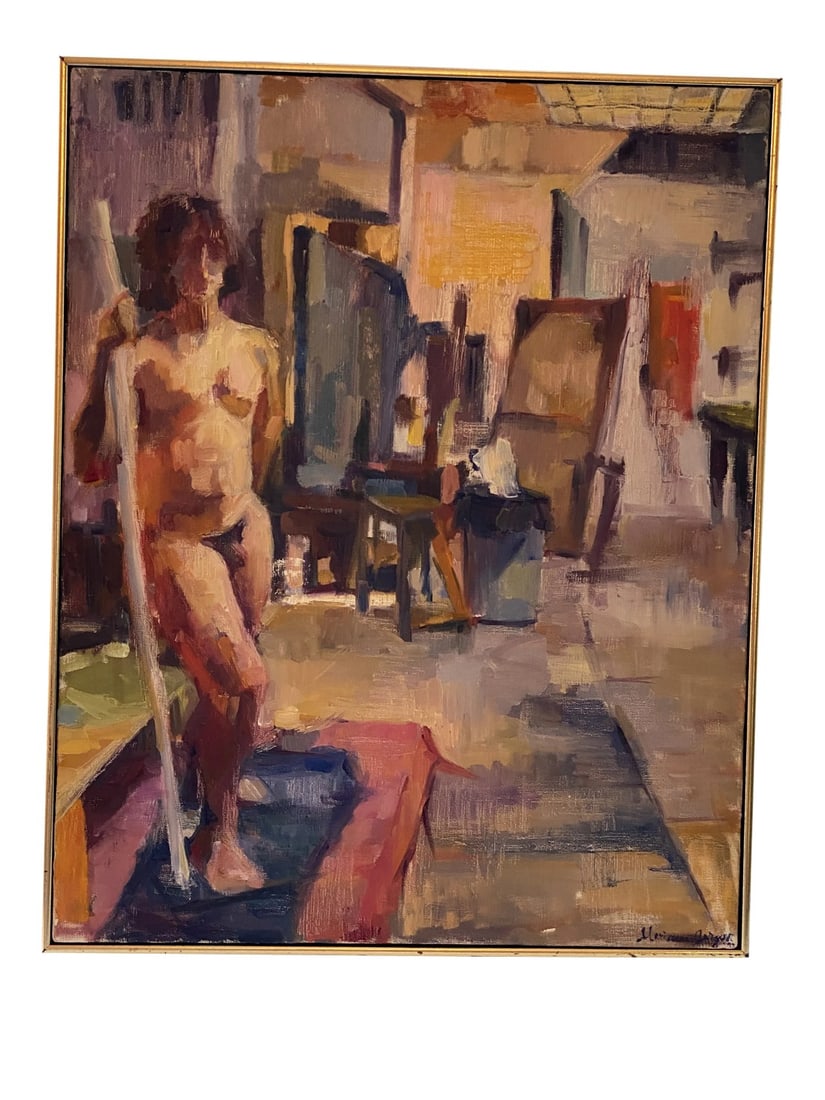 1993 "New York Studio" Expressionist Figurative Interior Scene Oil Painting by Marianne Gargour, Fra: Beautiful 1993 Marianne Gargour Framed Abstract Oil on Canvas. The Artist Titled this painting "New York Studio". It shows an intimate setting with a featured male nude. The Artist signed the piece in