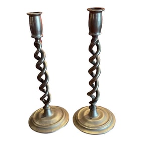19th Century Twisted Braided Pewter Candlesticks- a Pair
