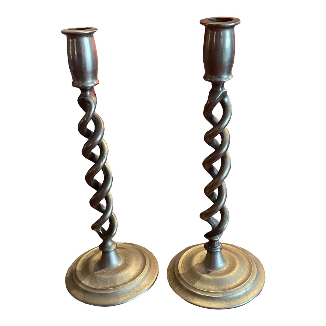 19th Century Twisted Braided Pewter Candlesticks- a Pair: A pair of lovely 19th century twisted or braided pewter candlesticks. Handmade Condition: Alterations: Original Condition Unaltered Imperfections: Some Imperfections Condition Notes: wear is age appro