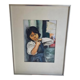 Mid 20th Century Framed Watercolor "Portrait of a Native American Girl With Sad Eyes" by Artist