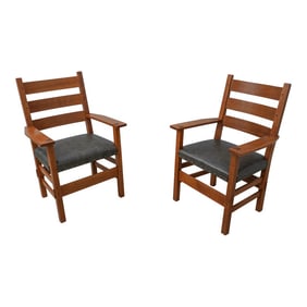 Pair Stickley Mission Oak Leather Seat Armchairs