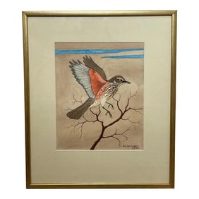 Scottish Mid Century Watercolor Redwing Mid Flight Thrush by Ralston Gudgeon Framed