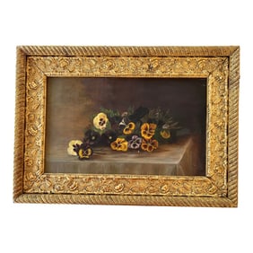 Antique Still Life Painting of Pansy Flowers in Gold-Leaf Frame