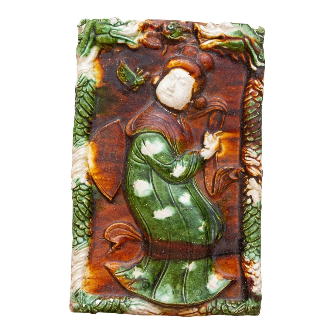 Tang Sancai Architectural Tile: This Tang Sancai tri-colored glazed pottery of the Tang Dynasty is renowned for its exquisite beauty and historical significance. This Chinese terracotta tile feature a lovely green, yellow, and brown