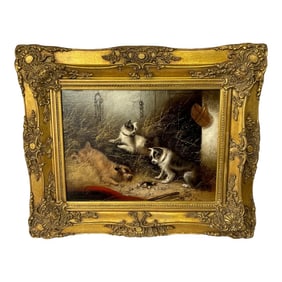 British 19th Century Oil Painting of Three Hunting Terrier Dogs "A Sharp Lookout" Edward Armfield