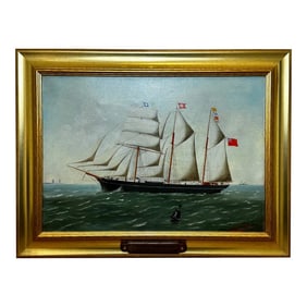 19th Century Oil Painting Seascape Barquentine Ship Charles James Off Dunkirk C1885