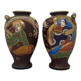 Early 20th Century Japanese Mariage Dragon Satsuma Ceramic Hand-Painted Vases - a Pair