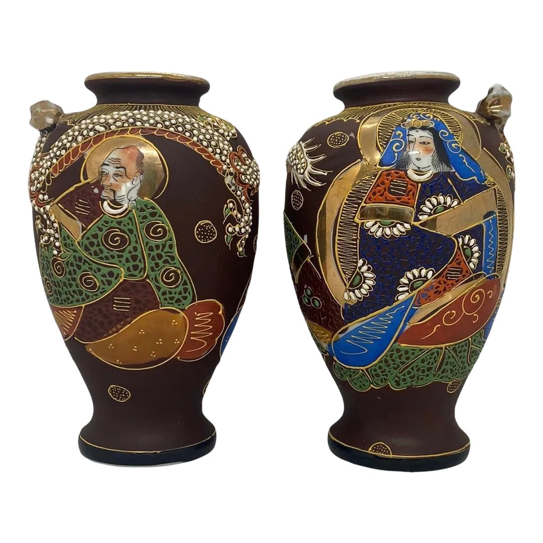 Early 20th Century Japanese Mariage Dragon Satsuma Ceramic Hand-Painted Vases - a Pair: Beautiful Pair of Early 20th Century Japanese Mariage Dragon Satsuma Ceramic Hand-Painted 7 1/2" Vases. Enhance your collection with this lovely pair of Early 20th Century Japanese Mariage Dragon Sats