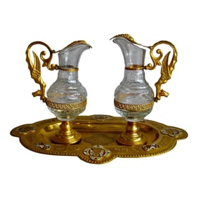 19th Century French Brass Enameled Cruet or Burettes Tray - 3 Piece Set