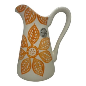 21st Century Farval Portugal Handcrafted White Ceramic Pitcher With Groovy Orange Flowers