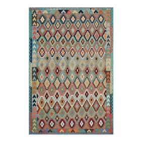 1990s 1990s Boho Chic Kilim Blue Rust Wool Rug - 8'2" X 11'2"