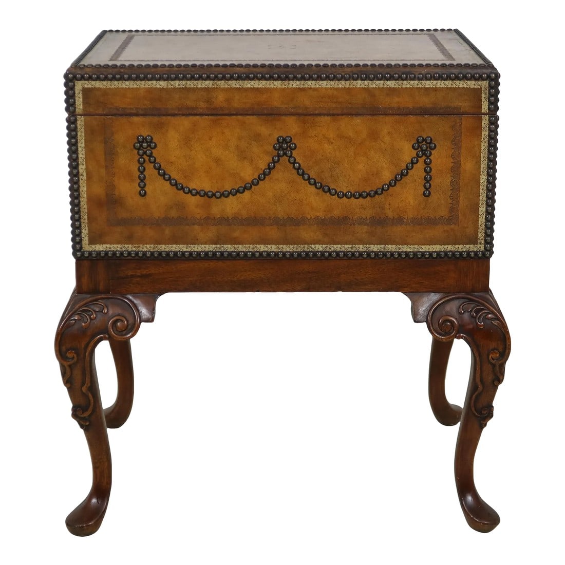 Maitland Smith Tack Head Trim Leather Accent Chest: Age: Approx: 15 Years Old Details: Mahogany Quality Construction Quality Tooled Leather Surface Decorative Paper Lined Interior Tack Head Trim Offered @ Fraction Original Retail Cost Condition: Excell