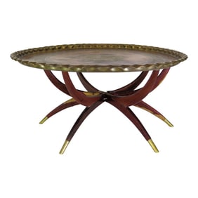 Italian 6 Leg Spider Leg Juniper Wood Table W/Heavy Brass Moroccan Top Attributed to Carlo Di Carli