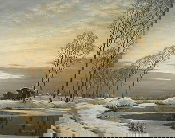 Roger Charles Desoutter 20th Century Painting of a River Landscape Winter Snow Scene With Gypsy Cara