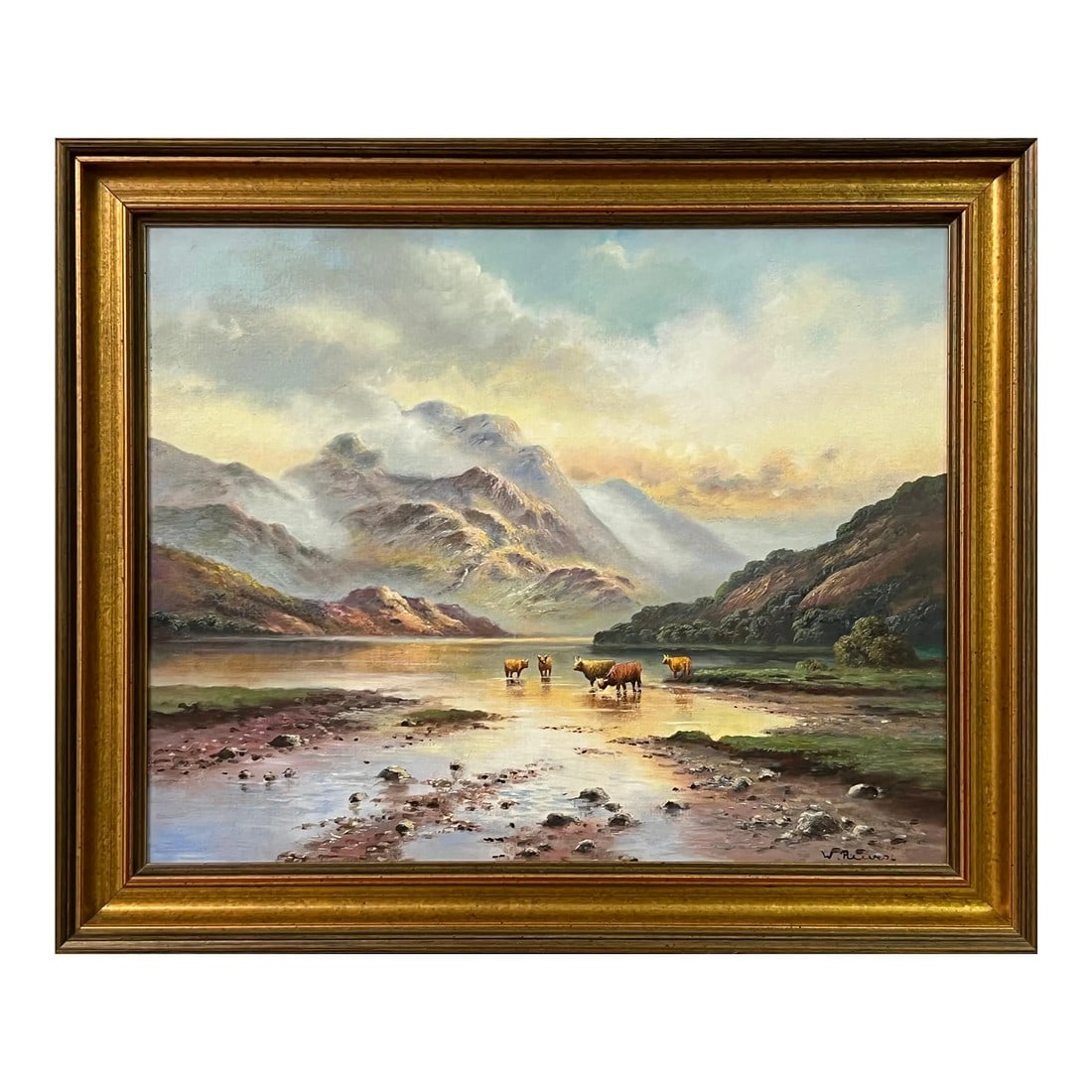 Wendy Reeves Oil Painting of Highland Cows in Scotland Loch by 20th Century British Artist, 1985